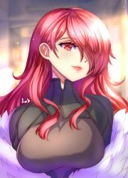Rule 34 | 1girl, anisdrawn, blurry, blurry background, bodysuit, breasts, coat, fur coat, hair over one eye, highres, kirijou mitsuru, large breasts, lips, lipstick, long hair, looking at viewer, makeup, parted bangs, persona, persona 3, persona 4: the ultimate in mayonaka arena, red eyes, red hair, smile, solo, sparkle, white coat