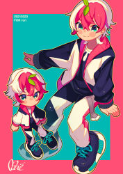 Rule 34 | absurdres, aqua background, aqua eyes, black footwear, blush, border, commission, copyright request, hair between eyes, highres, huge filesize, jacket, leaf, long sleeves, moai (more e 4km), multicolored hair, multiple views, outline, pants, pink border, pink hair, print jacket, print pants, shoes, signature, skeb commission, smile, two-tone hair, virtual youtuber, white hair, yellow outline