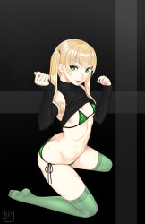 Rule 34 | 1girl, aqua nails, bikini, black bra, black sweater, blonde hair, bra, breasts, cleavage, covered erect nipples, dated, detached sleeves, green bra, green eyes, green thighhighs, looking at viewer, multicolored bra, multicolored clothes, nail polish, navel, original, osafune kairi, photoshop (medium), ribbed sweater, side-tie bikini bottom, sleeveless, sleeveless turtleneck, small breasts, smile, solo, striped bikini, striped bra, striped clothes, sweater, swimsuit, thighhighs, turtleneck, twintails, underwear