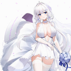 Rule 34 | 1girl, azur lane, bare shoulders, blue eyes, blunt bangs, blush, bouquet, breasts, bridal veil, center opening, choker, cleavage, closed mouth, cowboy shot, dress, elbow gloves, falling petals, flower, garter straps, gloves, hair flower, hair ornament, halter dress, halterneck, highres, holding, holding bouquet, illustrious (azur lane), illustrious (morning star of love and hope) (azur lane), lace, lace-trimmed dress, lace trim, large breasts, looking at viewer, official alternate costume, petals, qing wu, rose, see-through gloves, sidelocks, simple background, sleeveless, sleeveless dress, smile, solo, thighhighs, thighs, tiara, veil, wedding dress, white background, white choker, white dress, white flower, white garter straps, white gloves, white hair, white headwear, white rose, white thighhighs, zettai ryouiki