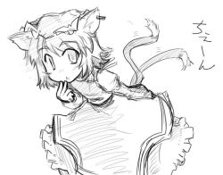Rule 34 | 1girl, :&lt;, animal ears, cat ears, cat girl, cat tail, chen, earrings, female focus, golden pe done, greyscale, hat, jewelry, monochrome, multiple tails, short hair, simple background, sketch, solo, tail, touhou