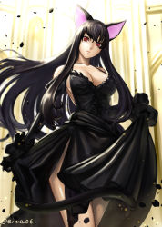 Rule 34 | 1girl, animal ears, bare shoulders, black dress, black hair, breasts, cat ears, cat tail, cleavage, closed mouth, clothes lift, collarbone, cowboy shot, detached sleeves, dress, dress lift, eiwa, lifting own clothes, long hair, looking at viewer, medium breasts, no bra, original, petals, red eyes, sideboob, sidelocks, solo, tail, very long hair