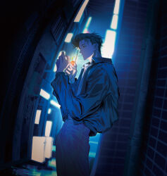 Rule 34 | 1boy, absurdres, alley, baggy clothes, black hair, black jacket, cowboy shot, from side, highres, holding, holding lighter, jacket, lighter, lighting cigarette, male focus, mito youhei, mizushima (barairo), night, outdoors, pants, pompadour, puddle, short hair, slam dunk (series), solo, white pants