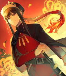 Rule 34 | 1boy, belt, black cape, cape, crest, dutch angle, family crest, fate/grand order, fate (series), flower, gloves, hat, highres, katana, long hair, long sleeves, looking back, looking down, low ponytail, military hat, oda nobukatsu (fate), oda uri, parted lips, ponytail, red background, red shirt, rokufuji m, shako cap, shirt, sidelocks, solo, spider lily, sword, trap, twitter username, weapon, white gloves