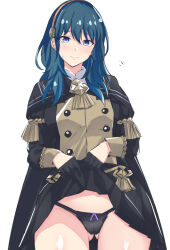 Rule 34 | 1girl, absurdres, black gloves, black panties, black skirt, blue eyes, blue hair, blush, breasts, byleth (female) (fire emblem), byleth (fire emblem), cape, closed mouth, clothes lift, dot nose, epaulettes, fire emblem, fire emblem: three houses, frilled skirt, frills, garreg mach monastery uniform, gloves, gluteal fold, hair between eyes, half gloves, headband, highres, large breasts, latte, lifting own clothes, long hair, looking at viewer, medium hair, nintendo, panties, pleated skirt, shiny skin, simple background, skirt, skirt lift, smile, solo, sweat, sweatdrop, thighs, underwear, uniform, white background