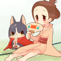 Rule 34 | 10s, 1girl, alternate hairstyle, amano yukiko (youkai watch), barefoot, brown hair, cape, cat, chiyoko (oman1229), food, fuyunyan, gradient background, hand fan, japanese clothes, kimono, long hair, paper fan, popsicle, red cape, scar, sitting, traditional youkai, uchiwa, youkai watch, youkai watch 2