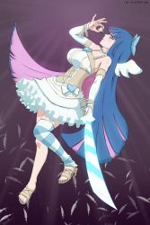Rule 34 | 1girl, bare shoulders, blue bow, blue eyes, blue hair, blunt bangs, bow, breasts, choker, closed mouth, commentary, feathers, frilled choker, frills, full body, garter straps, hair bow, high heels, highres, holding, holding sword, holding weapon, large breasts, long hair, looking at viewer, multicolored hair, nail polish, panty &amp; stocking with garterbelt, pink hair, powerofsin, purple nails, sandals, single thighhigh, smile, solo, stocking (psg), striped clothes, striped thighhighs, sword, thighhighs, toenail polish, toenails, toes, two-tone hair, vertical-striped clothes, vertical-striped thighhighs, very long hair, weapon, white feathers
