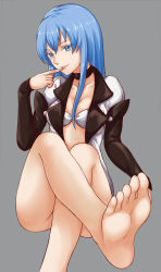 Rule 34 | 10s, 1girl, :d, akame ga kill!, bare legs, barefoot, blue eyes, blue hair, collarbone, crossed legs, esdeath, feet, finger to mouth, foot focus, grey background, hair between breasts, hair between eyes, head tilt, jacket, legs, leikangmin, long hair, matching hair/eyes, open mouth, parted lips, simple background, sitting, smile, soles, solo, teeth, thighs, toes