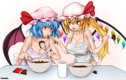 Rule 34 | 2girls, alternate breast size, apron, bat wings, blonde hair, blue hair, blush, breasts, chocolate, chocolate making, cleavage, collarbone, eyebrows, fang, flandre scarlet, hat, large breasts, licking, licking finger, long hair, multiple girls, naked apron, no bra, open mouth, ponytail, red eyes, remilia scarlet, short hair, siblings, side ponytail, sisters, smile, tongue, touhou, wings