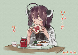 Rule 34 | 1girl, ahoge, blush, bowl, bread, bread slice, brown hair, closed eyes, closed mouth, dated, facing viewer, food, food request, green background, headgear, holding, holding food, jam, japanese clothes, kimono, lamb (hitsujiniku), long sleeves, plate, solo, table, touhoku kiritan, translation request, tray, twintails, upper body, voiceroid, white kimono, wide sleeves