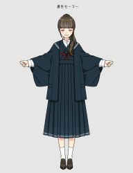 Rule 34 | 1girl, absurdres, black serafuku, blunt bangs, brown footwear, brown hair, closed eyes, closed mouth, dress, facing viewer, full body, furisode, grey background, hair over shoulder, hanatsuki, high-waist skirt, highres, japanese clothes, kimono, loafers, long dress, long hair, long skirt, long sleeves, original, outstretched arms, pleated dress, pleated skirt, ponytail, red ribbon, ribbon, school uniform, serafuku, shoes, simple background, skirt, skirt set, smile, socks, solo, standing, white socks