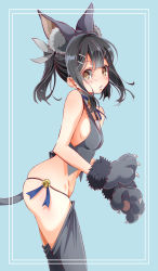 Rule 34 | 1girl, anal tail, animal ears, animal hands, bad id, bad pixiv id, black hair, blue background, blue ribbon, blush, breasts, brown eyes, butt plug, cat ears, cat tail, child, cowboy shot, detached collar, fake animal ears, fake tail, fate/kaleid liner prisma illya, fate (series), from side, gloves, grey gloves, grey ribbon, grey thighhighs, hair ornament, hair ribbon, hairclip, highres, long hair, looking at viewer, miyu edelfelt, ngv3553, parted lips, paw gloves, ponytail, ribbon, sex toy, sideboob, skindentation, sleeveless, small breasts, solo, standing, tail, thighhighs