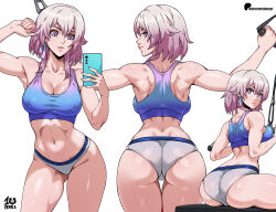 Rule 34 | 1girl, absurdres, ass, bare arms, bare shoulders, breasts, cellphone, cleavage, commentary, cowboy shot, crop top, from behind, gradient clothes, grey panties, groin, highres, holding, holding phone, honkai: star rail, honkai (series), kyoffie, march 7th (honkai: star rail), medium breasts, midriff, multiple views, navel, panties, parted lips, phone, pink hair, pink lips, purple eyes, short hair, simple background, sitting, smartphone, sports bra, standing, stomach, thighs, underwear, white background