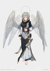Rule 34 | 1girl, arm at side, barefoot, belt pouch, blue eyes, blue nails, book, choker, cuffs, feathered wings, full body, grey background, halo, has bad revision, has downscaled revision, highres, holding, holding book, jewelry, layered clothes, layered sleeves, long sleeves, md5 mismatch, miv4t, nail polish, original, parted lips, pouch, resolution mismatch, ring, robe, shackles, short hair, silver hair, simple background, solo, source smaller, standing, tassel, toenail polish, toenails, white wings, wings