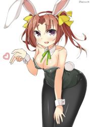 Rule 34 | 10s, 1girl, alternate costume, animal ears, bad id, bad twitter id, bare shoulders, black pantyhose, blush, breasts, brown hair, cleavage, fake animal ears, fake tail, hair ornament, hair ribbon, hairband, hand on leg, hand on own thigh, heart, jpeg artifacts, kagerou (kancolle), kankitsunabe (citrus), kantai collection, large breasts, leaning, leaning forward, leotard, long hair, looking at viewer, open mouth, pantyhose, playboy bunny, rabbit ears, rabbit tail, ribbon, simple background, smile, solo, tail, thighhighs, twintails, twitter username, white background, wrist cuffs