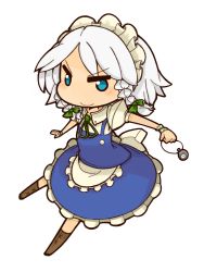 Rule 34 | 1girl, apron, arm garter, bad id, bad pixiv id, blue eyes, blush, boots, bow, braid, chibi, clock, cross-laced footwear, dress, female focus, frilled dress, frills, grin, holding, izayoi sakuya, katsudansou, lace-up boots, maid, maid apron, maid headdress, outstretched arm, pocket watch, ribbon, short hair, smile, solo, touhou, twin braids, watch, white hair