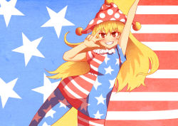 Rule 34 | 1girl, american flag, american flag dress, american flag legwear, american flag shirt, arm up, bad id, bad pixiv id, blonde hair, blush, clownpiece, dutch angle, grin, hat, highres, jester cap, long hair, looking at viewer, pantyhose, print pantyhose, red eyes, short sleeves, smile, solo, star (symbol), striped, touhou, v, ybth9190
