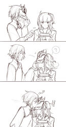 Rule 34 | 3koma, ?, bad id, bad pixiv id, comic, csyday, fate/grand order, fate (series), kissing forehead, fujimaru ritsuka (female), prince of lan ling (fate), hetero, highres, holding, holding mask, horned mask, kiss, kissing forehead, mask, masked, monochrome, removing mask, sequential, side ponytail