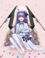 Rule 34 | 1girl, absurdres, ahoge, aqua flower, azur lane, backless dress, backless outfit, bare shoulders, black bow, black ribbon, blue flower, bow, collarbone, commentary, dress, elbow gloves, flower, gloves, hair between eyes, hair bow, hair bun, hair ribbon, highres, holding, legs together, lips, long hair, looking at viewer, machinery, no shoes, hugging object, one side up, ong (qweasd4203), orange flower, orange rose, parted lips, petals, pink background, pink flower, pink rose, purple bow, purple eyes, purple hair, realistic, red flower, red lips, red rose, ribbon, rigging, rose, side bun, single side bun, sitting, solo, sparkle, stuffed animal, stuffed pegasus, stuffed toy, stuffed unicorn, stuffed winged unicorn, thighhighs, unicorn (azur lane), very long hair, white dress, white gloves, white thighhighs, yellow flower, yellow rose