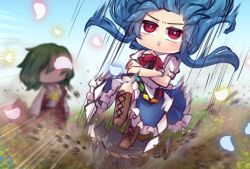 Rule 34 | 2girls, :&gt;, blue flower, blue hair, blue skirt, blue sky, blush, boots, bow, bright pupils, brown footwear, chibi, commentary request, cross-laced footwear, crossed arms, dirt, dust, faceless, field, flower, flower field, frilled skirt, frills, frown, full body, glowing, glowing petals, green hair, hair up, hinanawi tenshi, holding, holding umbrella, kazami yuuka, keystone, knee boots, lace-up boots, landing, long hair, long sleeves, masochism, motion blur, motion lines, multiple girls, one-hour drawing challenge, outdoors, parasol, petals, pink flower, plaid, plaid skirt, plaid vest, puffy short sleeves, puffy sleeves, red bow, red eyes, red neckwear, red skirt, red vest, rope, rose petals, shards, shide, shimenawa, shirt, short hair, short sleeves, skirt, skirt set, sky, smile, speed lines, standing, standing on one leg, touhou, umbrella, unime seaflower, v-shaped eyebrows, vest, white pupils, white shirt, wind, yellow flower, yellow neckwear