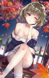 Rule 34 | 1girl, asahi breweries, autumn leaves, bare shoulders, beer can, blurry, blush, bob cut, breasts, brown hair, can, cleavage, closed mouth, collarbone, crossed legs, depth of field, drink can, dutch angle, green eyes, hanakanzarashi, highres, holding, holding can, idolmaster, idolmaster cinderella girls, japanese clothes, kimono, leaf, looking at viewer, maple leaf, medium breasts, mole, mole under eye, one eye closed, short hair, smile, soaking feet, solo, takagaki kaede, white kimono