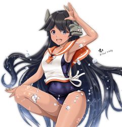 Rule 34 | 1girl, air bubble, arm up, armpits, bare arms, black hair, blue one-piece swimsuit, breasts, bubble, commentary request, covered navel, cowboy shot, dated, grey eyes, headgear, i-400 (kancolle), japanese flag, kantai collection, long hair, looking at viewer, one-piece swimsuit, one-piece tan, open mouth, orange sailor collar, revision, sailor collar, sailor shirt, salute, school swimsuit, shirt, side-tie shirt, signature, simple background, sleeveless, sleeveless shirt, small breasts, smile, solo, swimsuit, swimsuit under clothes, tan, tanline, teeth, tk8d32, upper teeth only, very long hair, water drop, white background, white shirt