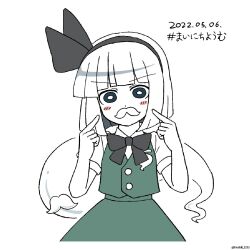 Rule 34 | 1girl, black bow, black bowtie, black eyes, black hairband, bow, bowtie, bright pupils, dated, facial hair, ghost, green skirt, green vest, hairband, highres, hoshii 1213, konpaku youmu, konpaku youmu (ghost), looking at viewer, mustache, pointing, pointing at self, shirt, short hair, short sleeves, simple background, skirt, solo, touhou, twitter username, vest, white background, white hair, white pupils, white shirt