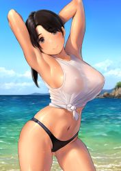 Rule 34 | 1girl, areola slip, armpits, arms behind head, arms up, beach, bikini, bikini bottom only, black bikini, black hair, blue sky, blush, breasts, brown eyes, closed mouth, cloud, covered erect nipples, crop top, day, gluteal fold, highres, horizon, large breasts, long hair, looking at viewer, navel, ocean, original, outdoors, ponytail, rock, see-through, shiny skin, shirt, shore, simple background, skindentation, sky, sleeveless, sleeveless shirt, smile, solo, standing, swimsuit, tan, thighs, tied shirt, wa (genryusui), water, wet, wet clothes, wet shirt, white shirt