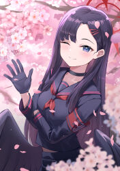 Rule 34 | 1girl, absurdres, armband, black choker, black eyes, black gloves, black hair, black sailor collar, black serafuku, black skirt, black wings, blue archive, blush, cherry blossoms, choker, closed mouth, commentary request, feathered wings, gloves, hair ornament, hairclip, halo, highres, ichika (blue archive), long hair, long sleeves, looking at viewer, low wings, neckerchief, one eye closed, petals, pleated skirt, red armband, red halo, red neckerchief, revision, sailor collar, school uniform, serafuku, skirt, smile, solo, upper body, wings, yeogpu (seung832222)