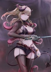 Rule 34 | 1girl, alternate costume, arm tattoo, belt, blonde hair, blurry, blurry background, brown thighhighs, choker, closed mouth, corruption, crack, dated, demon horns, demon tail, fingernails, frown, garter straps, genshin impact, head wings, heart, heart-shaped pupils, heart belt, holding, holding sword, holding weapon, horns, jean (genshin impact), long fingernails, long hair, looking at viewer, mingduan, mini wings, nail polish, navel, o-ring, pink pupils, ponytail, pubic tattoo, purple choker, purple nails, red eyes, see-through, sharp fingernails, shoulder tattoo, signature, slime (substance), solo, sword, symbol-shaped pupils, tail, tattoo, tentacles, thighhighs, thighs, vision (genshin impact), weapon, wings, wrapping