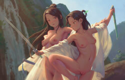 2girls bigrbear breasts brown_eyes brown_hair highres holding holding_another&#039;s_arm holding_sword holding_weapon long_hair martial_arts medium_breasts multiple_girls nipples nude original pussy small_breasts sword training weapon