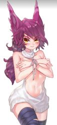 Rule 34 | 1girl, absurdres, animal ears, blush, covering privates, covering breasts, crossed arms, highres, league of legends, long hair, looking at viewer, meme attire, navel, purple hair, solo, sweater, virgin killer sweater, xayah, yellow eyes