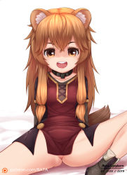 Rule 34 | 1girl, :d, animal ears, ass, batazungharn, breasts, brown eyes, brown hair, collar, dated, dress, fangs, half-closed eyes, highres, looking at viewer, no panties, open mouth, patreon username, raccoon ears, raccoon girl, raccoon tail, raphtalia, short dress, sidelocks, small breasts, smile, solo, spread legs, tail, tate no yuusha no nariagari