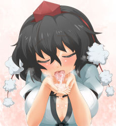 Rule 34 | 1girl, black hair, blush, breasts, cleavage, closed eyes, cum, cum in mouth, cum on hands, cum on tongue, cum pool, cumdrip, cupping hands, hat, highres, large breasts, loggy, open mouth, own hands together, shameimaru aya, solo, sweatdrop, tears, tokin hat, tongue, touhou