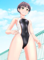 Rule 34 | 1girl, absurdres, black hair, black one-piece swimsuit, blue sky, breasts, brown eyes, cameltoe, cloud, commentary request, competition swimsuit, covered navel, day, fence, from below, grin, groin, hand on own hip, highleg, highleg swimsuit, highres, looking at viewer, multicolored clothes, multicolored swimsuit, one-piece swimsuit, original, outdoors, sky, small breasts, smile, solo, swimsuit, takafumi, tomboy, two-tone swimsuit
