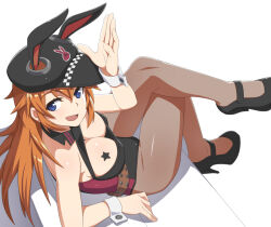 Rule 34 | 1girl, animal ears, black pantyhose, blue eyes, blush, breasts, charlotte e. yeager, checkered clothes, checkered headwear, cleavage, downblouse, hat, high heels, large breasts, leotard, long hair, looking at viewer, nanashino, open mouth, orange hair, pantyhose, platform footwear, platform heels, rabbit ears, simple background, smile, solo, star (symbol), strike witches, white background, world witches series