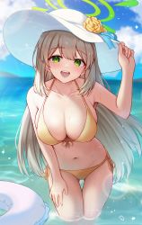 Rule 34 | 1girl, :d, absurdres, bikini, blue archive, blue sky, breasts, cloud, collarbone, day, green eyes, halo, hand on own thigh, hat, highres, innertube, kano (wi3028), large breasts, long hair, looking at viewer, navel, nonomi (blue archive), nonomi (swimsuit) (blue archive), ocean, open mouth, outdoors, partially submerged, sky, smile, solo, swim ring, swimsuit, teeth, upper teeth only, wet, white hat, yellow bikini