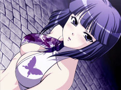 Rule 34 | 1girl, bikini, black hair, blush, breasts, bug, butterfly, cleavage, cleavage cutout, clothing cutout, dutch angle, bug, jacket, large breasts, minami toshimi, night, non-web source, open mouth, purple eyes, purple hair, short hair, solo, swimsuit, tears, wrestle angels, wrestle angels survivor