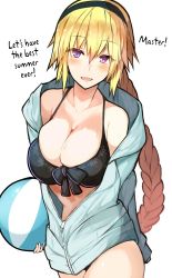 Rule 34 | 1girl, bare shoulders, bikini, black bikini, blonde hair, blue jacket, braid, breasts, cleavage, colored eyelashes, cowboy shot, english text, fate/grand order, fate (series), front-tie top, hair between eyes, hairband, highres, hood, jacket, jeanne d&#039;arc (fate), jeanne d&#039;arc (ruler) (fate), jeanne d&#039;arc (swimsuit archer) (fate), large breasts, long braid, long hair, looking at viewer, midriff, open mouth, purple eyes, simple background, single braid, skindentation, swimsuit, thighs, unzipped, very long hair, white background, yuzuki himuka