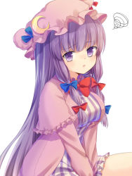 Rule 34 | 1girl, bad id, bad nicoseiga id, blush, crescent, female focus, frown, goriro, hat, long hair, patchouli knowledge, purple eyes, purple hair, sidelocks, simple background, sitting, solo, squiggle, touhou, v arms, very long hair, white background, yue teitoku