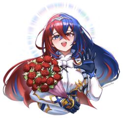 Rule 34 | 1girl, alear (female) (fire emblem), alear (fire emblem), armor, artist name, blue eyes, blue hair, blush, bouquet, breasts, burnt green tea, crossed bangs, female focus, fire emblem, fire emblem engage, flower, gloves, heterochromia, holding, holding bouquet, jewelry, long hair, looking at viewer, matching hair/eyes, medium breasts, multicolored hair, nintendo, open mouth, red eyes, red hair, smile, solo, split-color hair, tiara, two-tone hair, very long hair