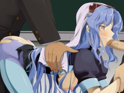 Rule 34 | 1990s (style), 1girl, 2boys, arm grab, ass, blue hair, blush, breasts, censored, chalkboard, classroom, clothed sex, el hazard, fellatio, from side, grey eyes, group sex, hanging breasts, highres, ifurita, large breasts, legs, long hair, looking away, mosaic censoring, multiple boys, nipples, oral, penis, retro artstyle, school, school uniform, sex, sex from behind, solo focus, tears, teitetsu kishidan, thighs, torn clothes, vaginal, wavy hair