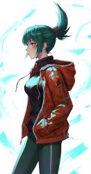 Rule 34 | 1girl, absurdres, alternate costume, black shirt, breasts, closed mouth, eruthu, green hair, green pants, hand in pocket, high ponytail, highres, jacket, kiriko (overwatch), medium breasts, open clothes, open jacket, overwatch, overwatch 2, pants, ponytail, red jacket, shirt, simple background, solo, tight clothes, tight pants, upper body, white background, zipper
