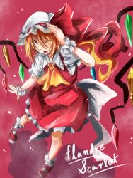 Rule 34 | 1girl, ascot, blonde hair, blush stickers, bow, character name, flandre scarlet, hat, hat bow, kinsenka, red eyes, solo, touhou, wings, wink
