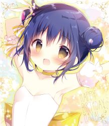 Rule 34 | 1girl, :d, alternate hairstyle, arms up, bare shoulders, blue hair, blush, bow, breasts, brown eyes, character name, collarbone, commentary request, detached sleeves, double bun, dress, gochuumon wa usagi desu ka?, hair between eyes, hair bow, hair bun, hair up, happy birthday, jouga maya, open mouth, puffy short sleeves, puffy sleeves, shiratama (shiratamaco), short hair, short sleeves, small breasts, smile, solo, strapless, strapless dress, striped, striped bow, upper body, white dress, white sleeves, yellow bow