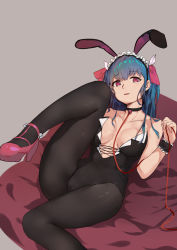 Rule 34 | 1girl, animal ears, bare arms, bare shoulders, black leotard, black pantyhose, blue hair, breasts, breasts apart, choker, collarbone, fake animal ears, frilled cuffs, frills, grain, hair ornament, hair ribbon, high heels, highres, holding, holding strap, leg up, leotard, long hair, looking at viewer, lying, maid headdress, medium breasts, on back, open mouth, original, pantyhose, pink footwear, playboy bunny, rabbit ears, red eyes, red ribbon, ribbon, shoes, simple background, solo, strapless, strapless leotard, wrist cuffs