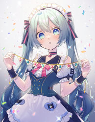 Rule 34 | 1girl, 2021, alternate costume, apron, aqua nails, arms up, bare shoulders, blue eyes, choker, collarbone, confetti, dated, dress, enmaided, frills, goshi-san, grey background, hair between eyes, hair ribbon, hatsune miku, heart, highres, holding, holding string, long hair, looking at viewer, maid, maid headdress, multicolored nails, nail polish, parted lips, pennant, pinafore dress, pink nails, pink neckwear, puffy short sleeves, puffy sleeves, ribbon, short sleeves, sleeveless dress, solo, string, striped, twintails, upper body, very long hair, vocaloid, waist apron, watermark, wrist cuffs