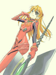 Rule 34 | 00s, 10s, 1girl, beige background, blue eyes, bodysuit, bracer, breasts, clenched hand, closed mouth, cowboy shot, duct tape, dutch angle, evangelion: 2.0 you can (not) advance, evangelion: 3.0 you can (not) redo, eyepatch, foreshortening, from below, from side, fujimoto satoru, gem, gloves, hair ornament, hand up, headgear, holding, holding weapon, huge weapon, lance of longinus (evangelion), light smile, long hair, neon genesis evangelion, orange hair, parted bangs, pilot suit, plugsuit, polearm, rebuild of evangelion, simple background, skinny, small breasts, smile, solo, souryuu asuka langley, spear, standing, tape, turtleneck, weapon, white background, yellow background
