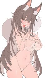 Rule 34 | 1girl, absurdres, animal ear fluff, animal ears, bare shoulders, black choker, blush, breasts, brown eyes, brown hair, buttons, choker, collarbone, eyelashes, fang, fox ears, fox girl, fox tail, hair between eyes, hands up, heart, heart hands, highres, large breasts, long hair, looking at viewer, navel, open mouth, original, panties, see-through, see-through shirt, shirt, sidelocks, simple background, sleeveless, sleeveless shirt, smile, smug, solo, standing, steam, tail, tongue, tongue out, underwear, white background, white panties, wrist cuffs, zerocat