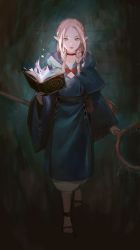 Rule 34 | 1girl, blonde hair, blush, book, bow, braid, choker, cloak, closed mouth, collarbone, commentary, crown braid, dungeon meshi, elf, green eyes, highres, holding, holding book, jewelry, long hair, long sleeves, looking at viewer, magic, marcille donato, open book, parted bangs, pointy ears, red bow, robe, sandals, smile, solo, staff, stone wall, twin braids, wall, wide sleeves, yueko (jiayue wu)